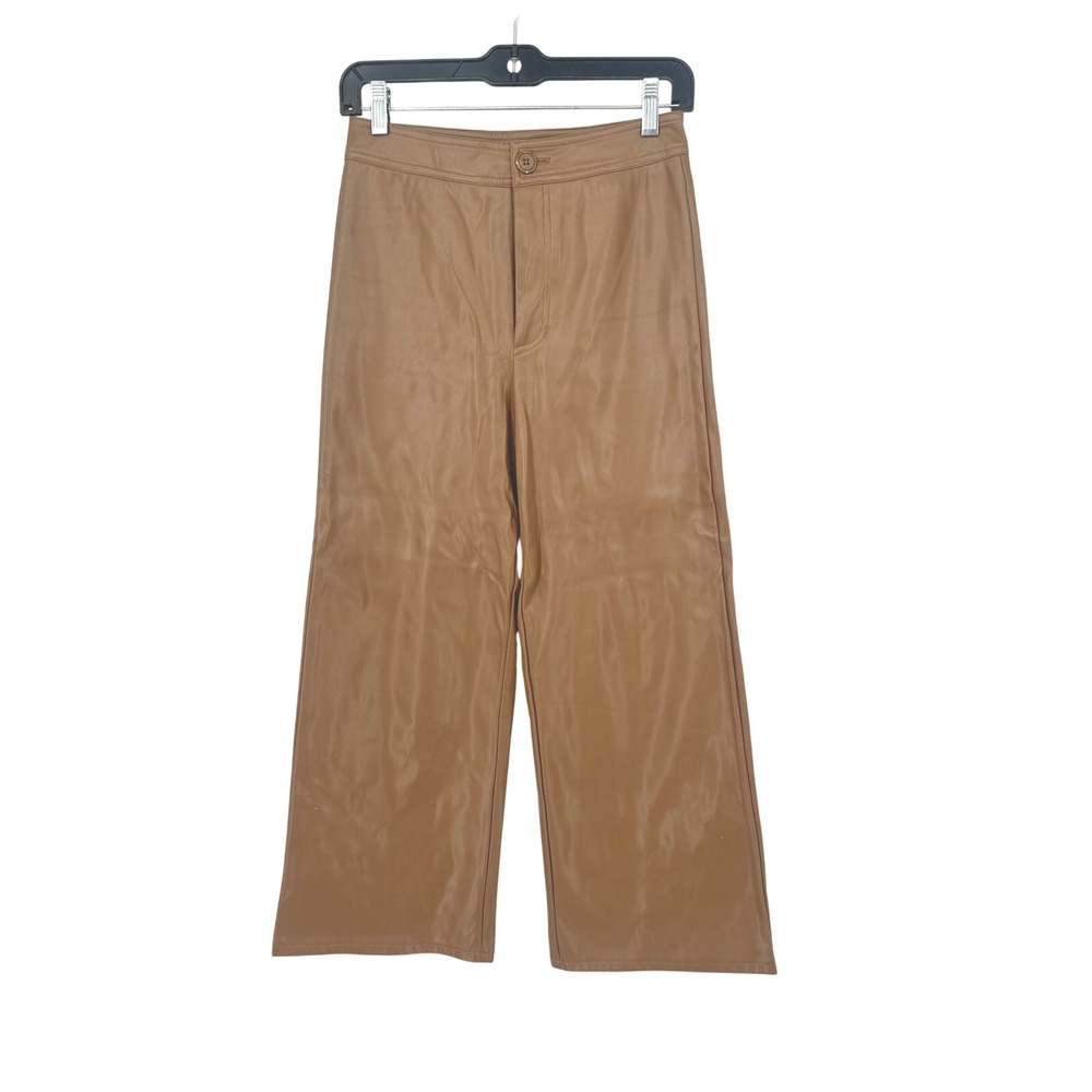 Miss Love Vegan Faux Leather Pants Women Small Brown Wide Leg Chic Neutral Crop